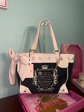 Juicy Couture Black Quilted Tote with Pink Trim and Bow